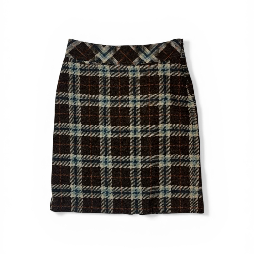 L.L.Bean Wool Blend Plaid Pencil Skirt Size 4 Favorite Fit‎ Brown Blue Preppy